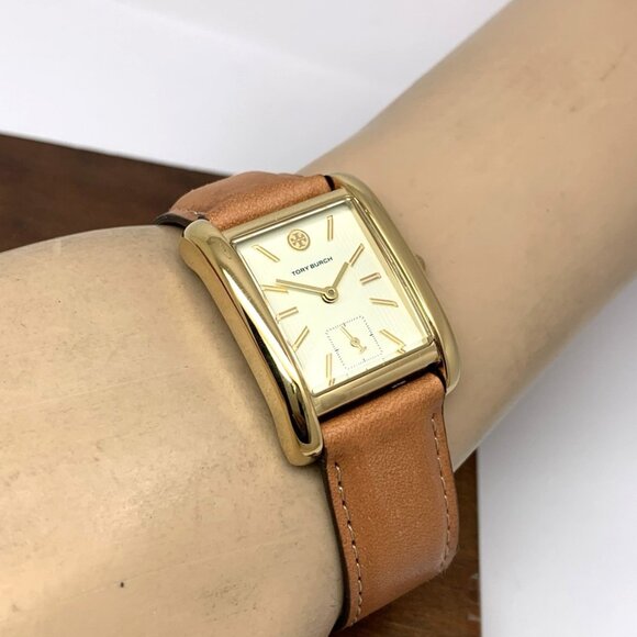 Tory Burch Women's Watch TBW1068 Tank Cream Dial Gold Quartz Brown Leather Band - Picture 6 of 14